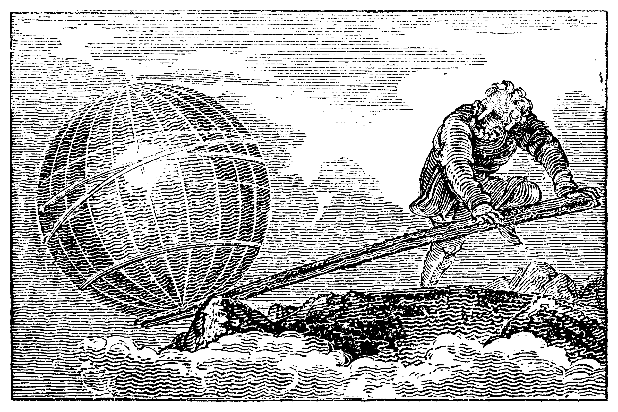 Engraving of Archimedes moving the Earth with a long lever resting on a fulcrum