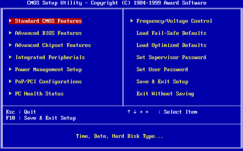 Award BIOS Setup Utility - a typical Legacy BIOS text interface