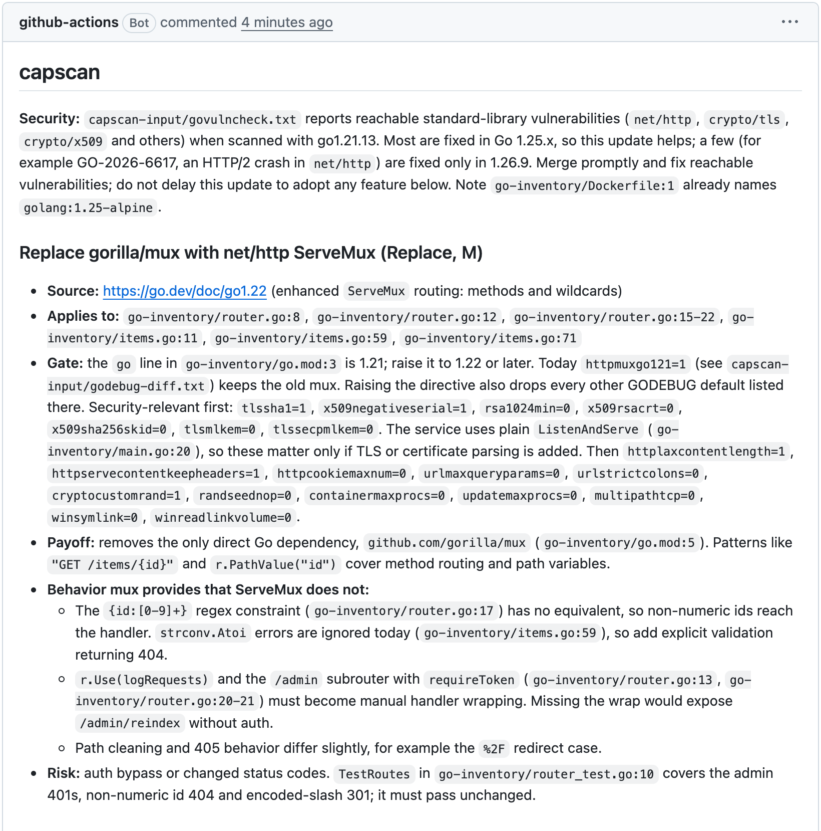 capscan's report on the golang base image PR, posted as a comment by the github-actions bot. After a security note on reachable standard library vulnerabilities, its first finding is Replace gorilla/mux with net/http ServeMux, with the go.mod gate, the GODEBUG defaults that change with it, the files and lines that change, and the behaviors gorilla provided that ServeMux does not.