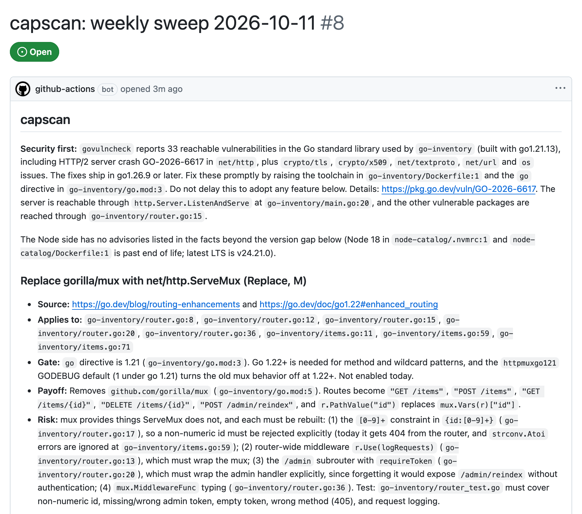The top of the capscan weekly sweep issue. A Security first paragraph covers 33 reachable Go standard library vulnerabilities, followed by the Replace gorilla/mux with net/http.ServeMux finding.