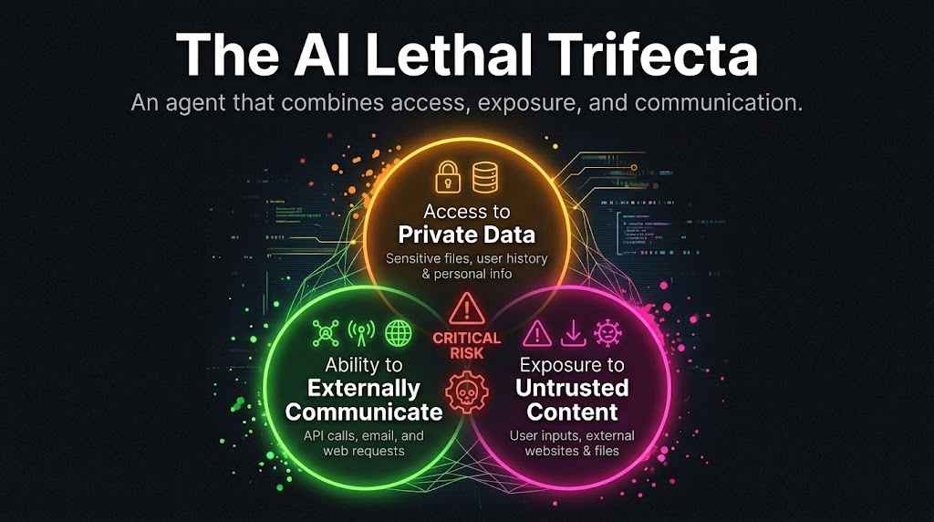 A Venn diagram of the AI lethal trifecta: access to private data, exposure to untrusted content, and the ability to communicate externally, with critical risk where all three overlap.