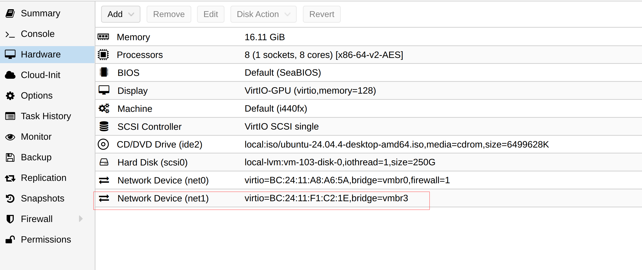 Proxmox hardware view of the capture VM with a second network device, net1, attached to bridge vmbr3.