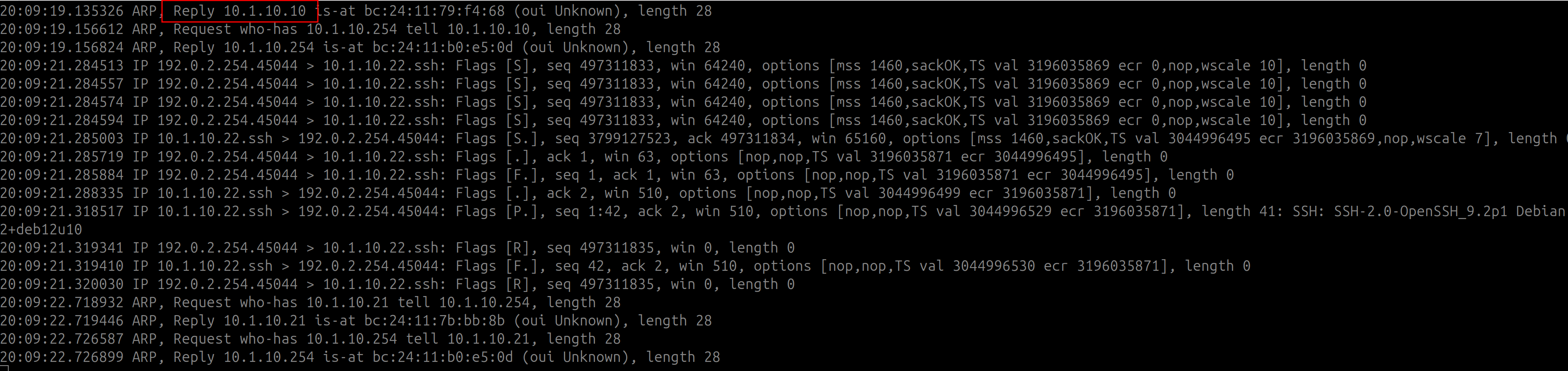 tcpdump output from the tap interface showing ARP replies for 10.1.10.x hosts and an SSH connection to 10.1.10.22.
