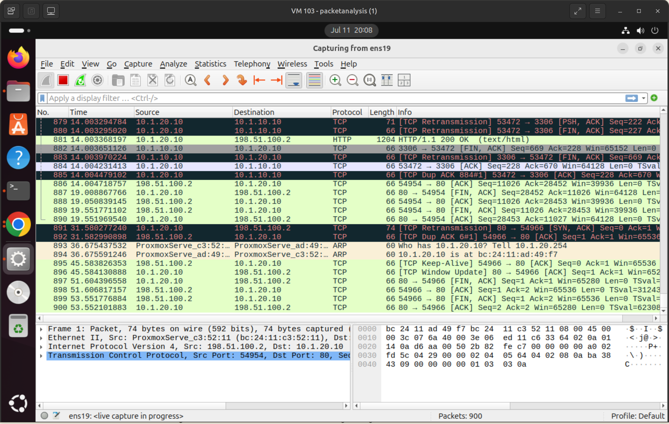 Wireshark live-capturing the mirror NIC, with TCP 3306 flows between the web tier (10.1.20.10) and the database (10.1.10.10) alongside HTTP.