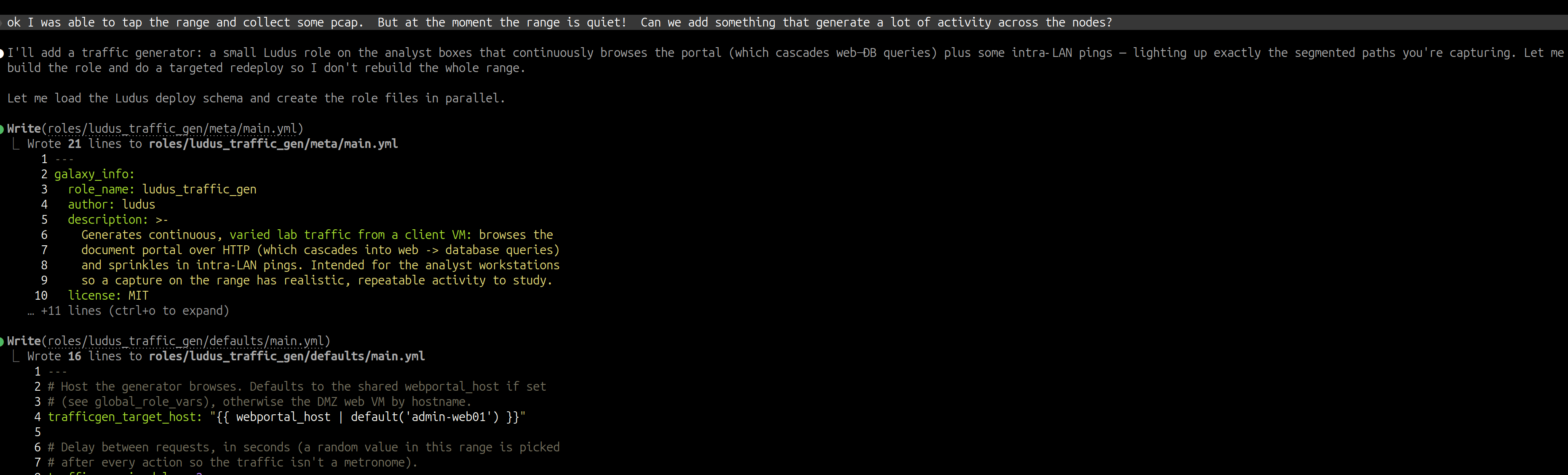 Claude Code session writing the ludus_traffic_gen role files (meta/main.yml and defaults/main.yml) in response to a request to generate activity across the nodes.