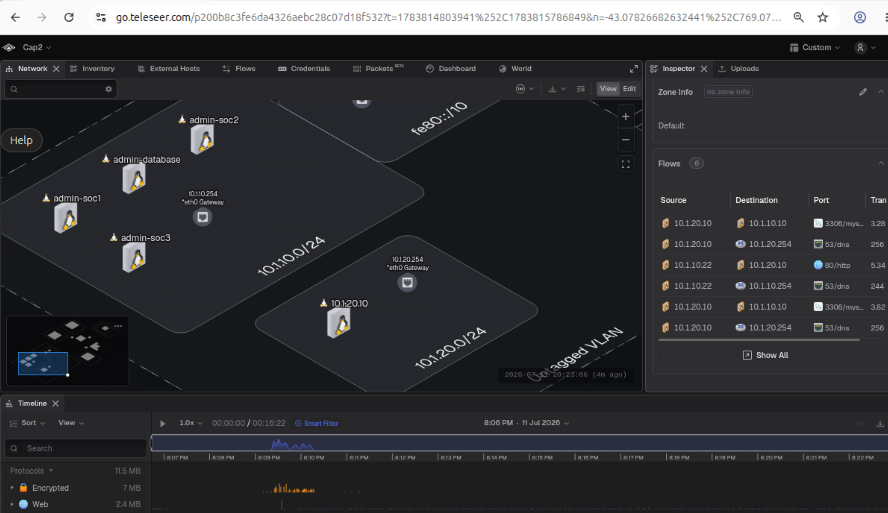 Teleseer network graph of the captured traffic: the 10.1.10.0/24 LAN with the analyst boxes and database, the 10.1.20.0/24 DMZ with web01, and a flow list showing the analyst-to-web HTTP and web-to-database MySQL crossings.
