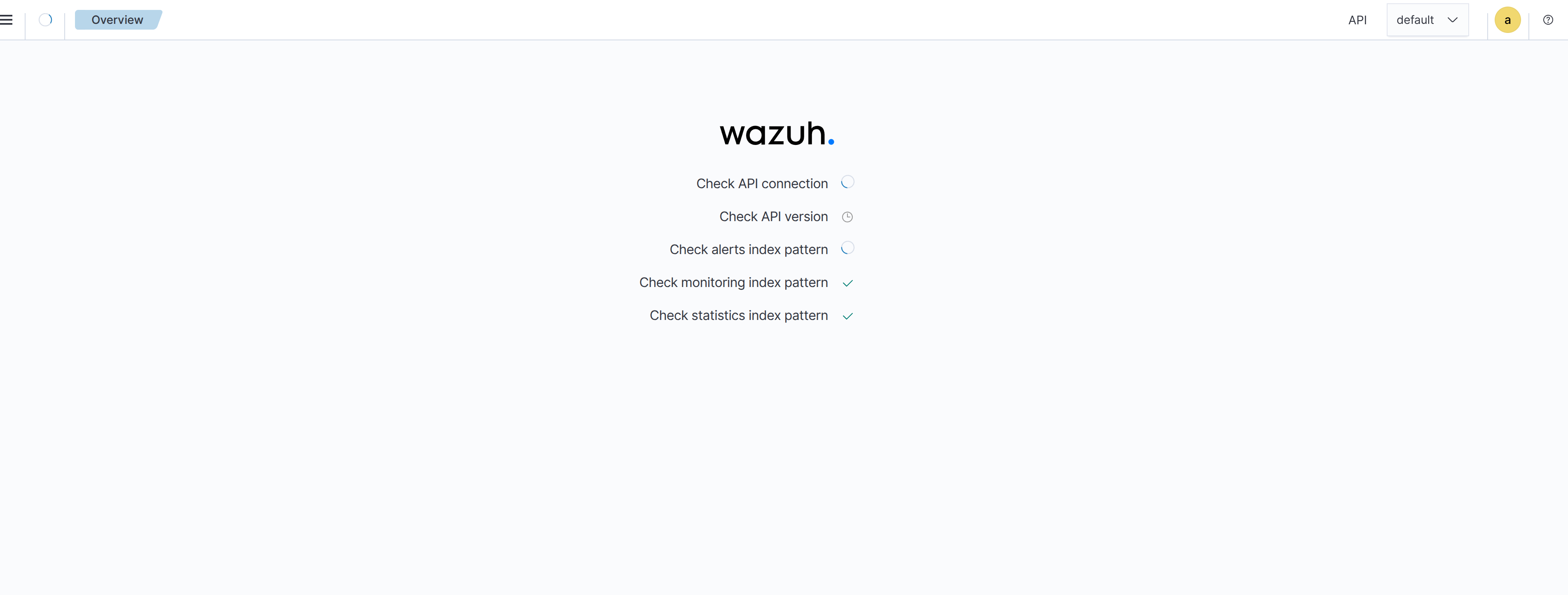 Wazuh dashboard on first load, running its API connection and index pattern checks.