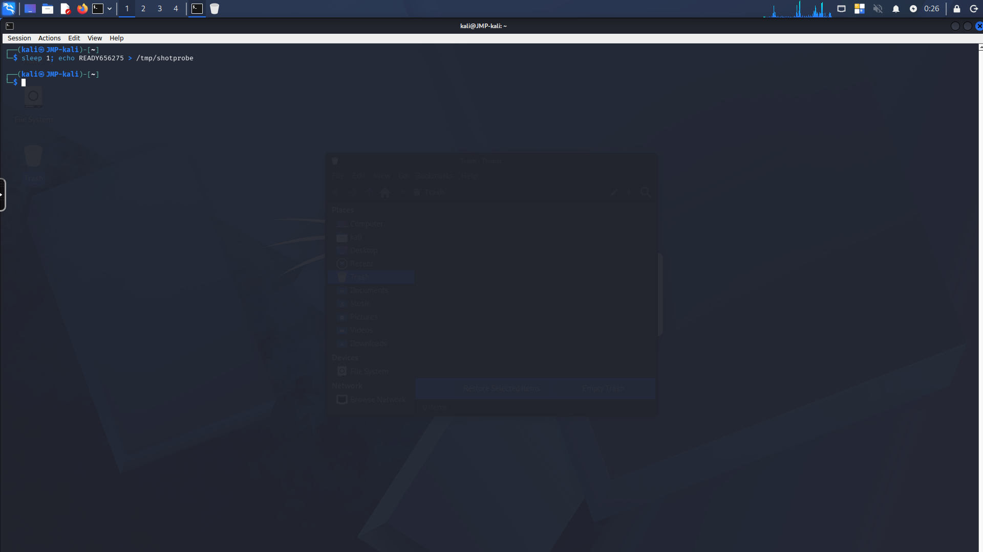 The Kali desktop with the exploit terminal open